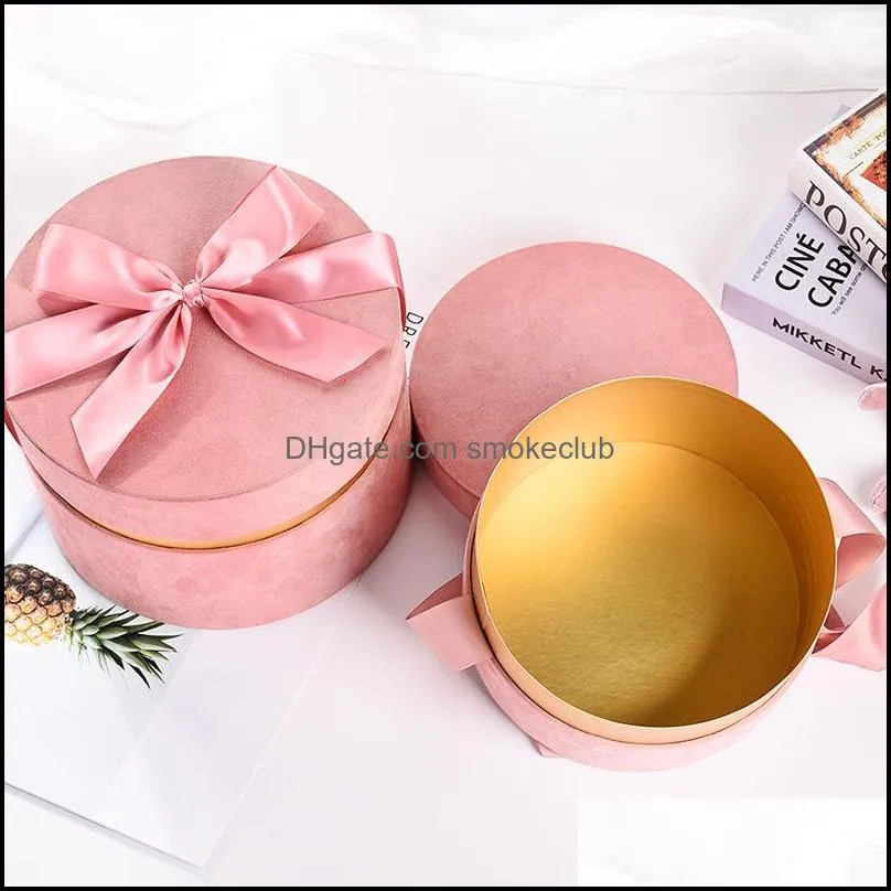 Round Velvet Flower Hat Box with Bowknot and Lid Luxury Gift Boxes Rose Bouquet Arrangement Gift Surprise Box Floristry DIY