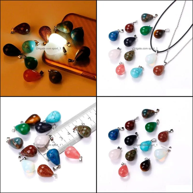 natural stone water drop pendant necklace opal tiger`s eye pink quartz crystal chakra reiki healing pendulum necklaces for women