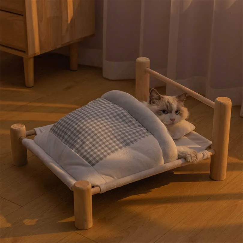 Pet Lounger for Cat Bed Removable Sleeping Bag Hammock Wooden Winter Warm kitten Cats House Pets Beds Small Dogs Sofa Mat suppli 210713