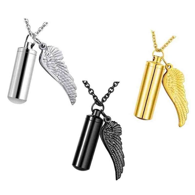 3 färger Cylinder Cremation Urn Necklace For Ashes Memorial Keepsake Pendant med Angel Wing rostfritt stål Remembrance Jewelry Y220523