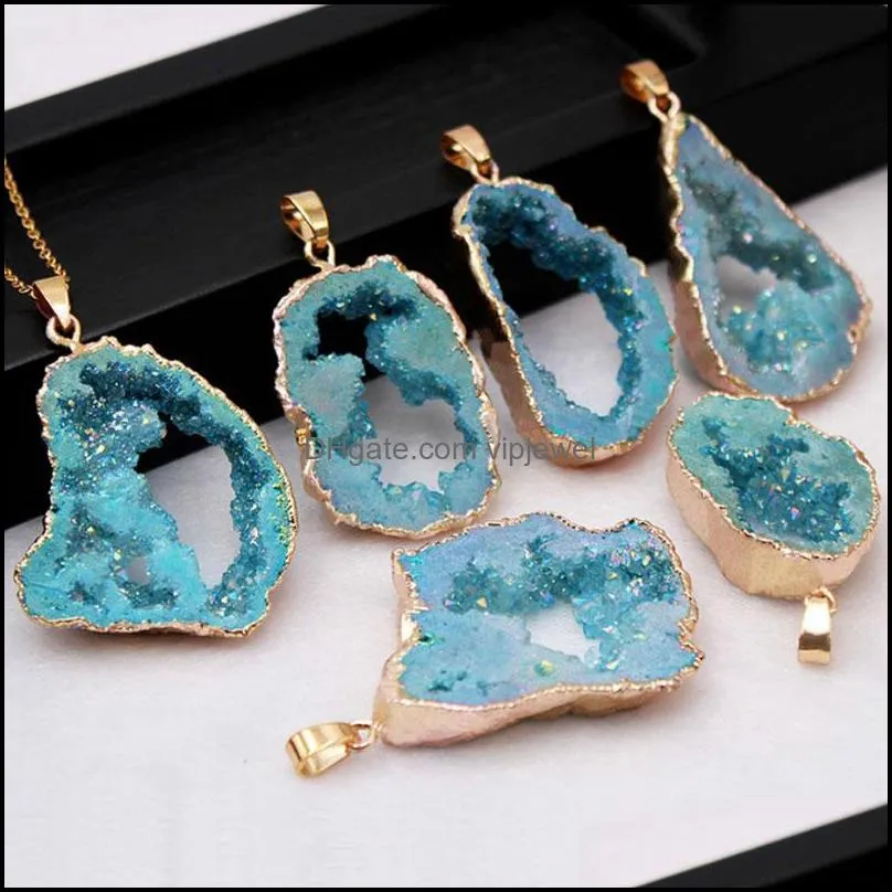 irregular gold plated crystal agates natural stone pendant necklaces with chain for men women fashion jewelry