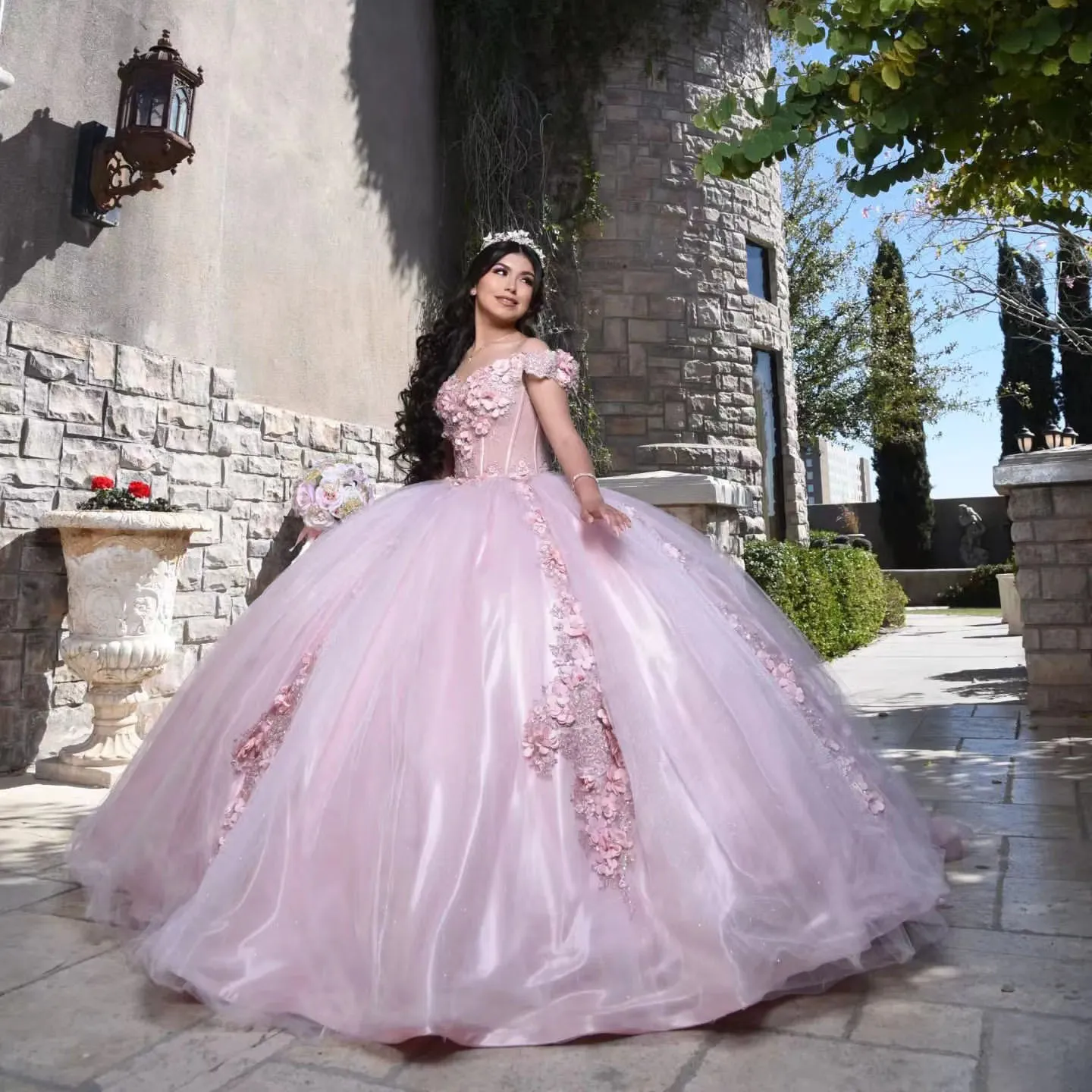 Rose Doux Quinceanera Robes Pour Le Mexique 16 Fille 3D Fleurs Perles Princesse Robe De Bal Anniversaire Robe De Bal Robe De 15 Anos Quinceanera 2022