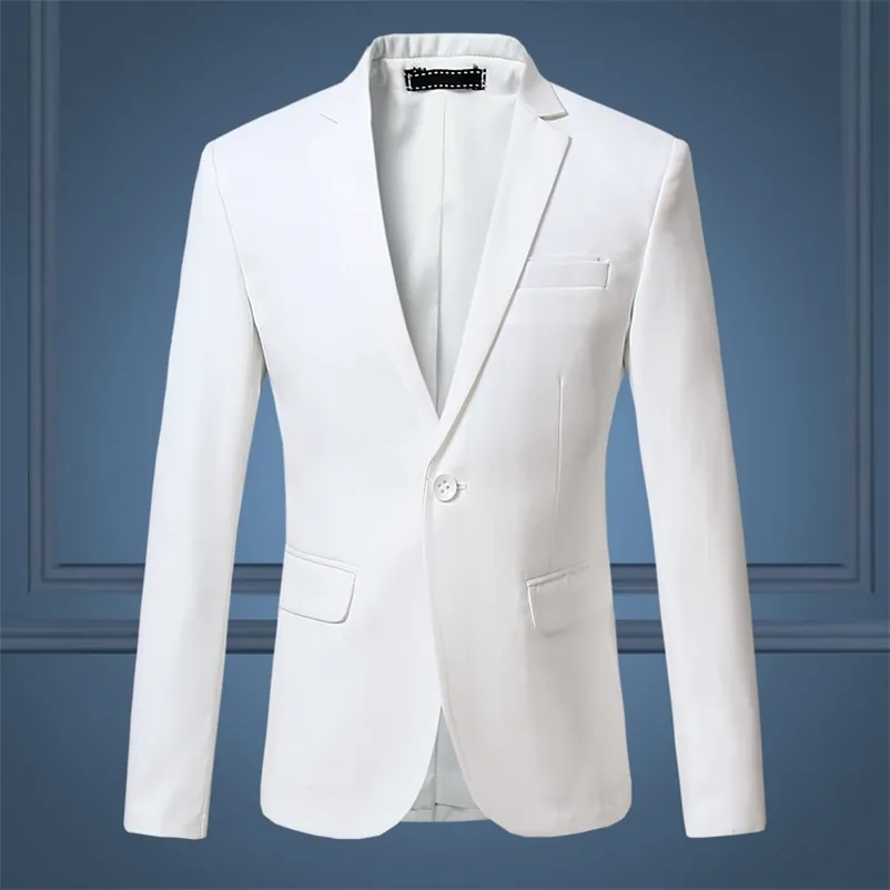 ブラックの上品なメンズブレザージャケットワンボタンスリムフィット結婚式のスーツメンズカジュアルな白いブレザーコートカスタマイズ可能な大きさ6xl 5xl 220409