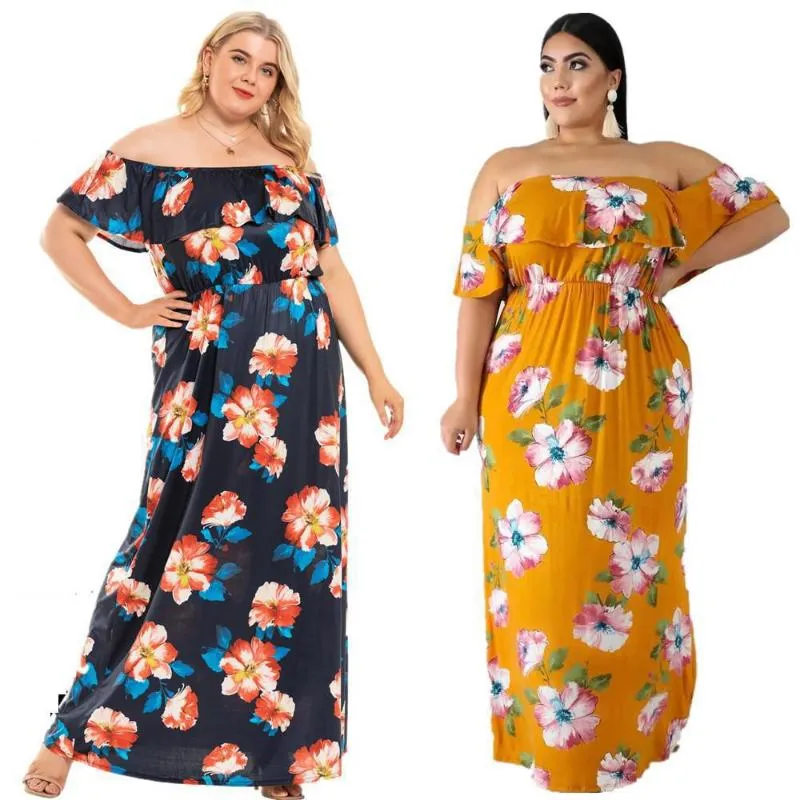 Abiti taglie forti Summer Bohemian Style Women Print Maxi Slash Neck Ruffles 5xl Orange Blue DressPlus