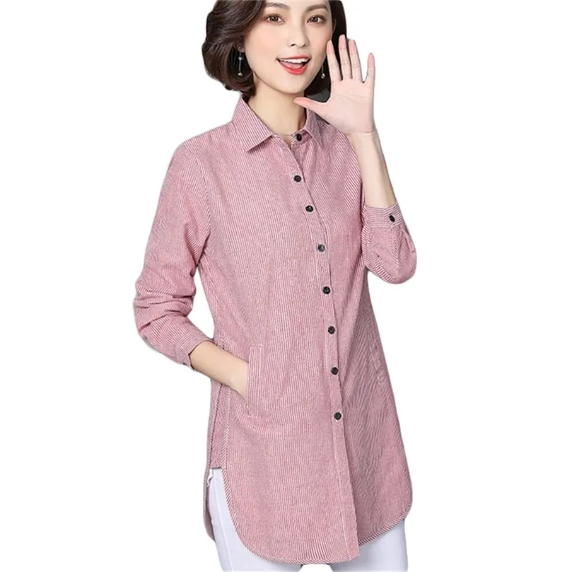 Üstler Kadın Çizgili Bluz Gömlekleri Bahar Sonbahar İş Uzun Kollu Üstler Kadın Moda Giyim Blusas Plus Boyut 210302