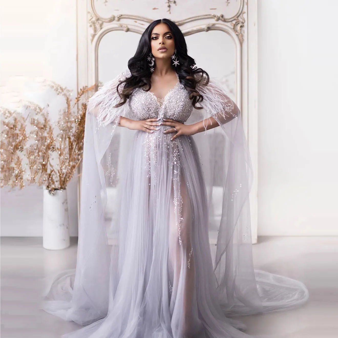 silver maternity photoshoot dress Lace Patchwork Sheer Maternity Photoshoot Dress