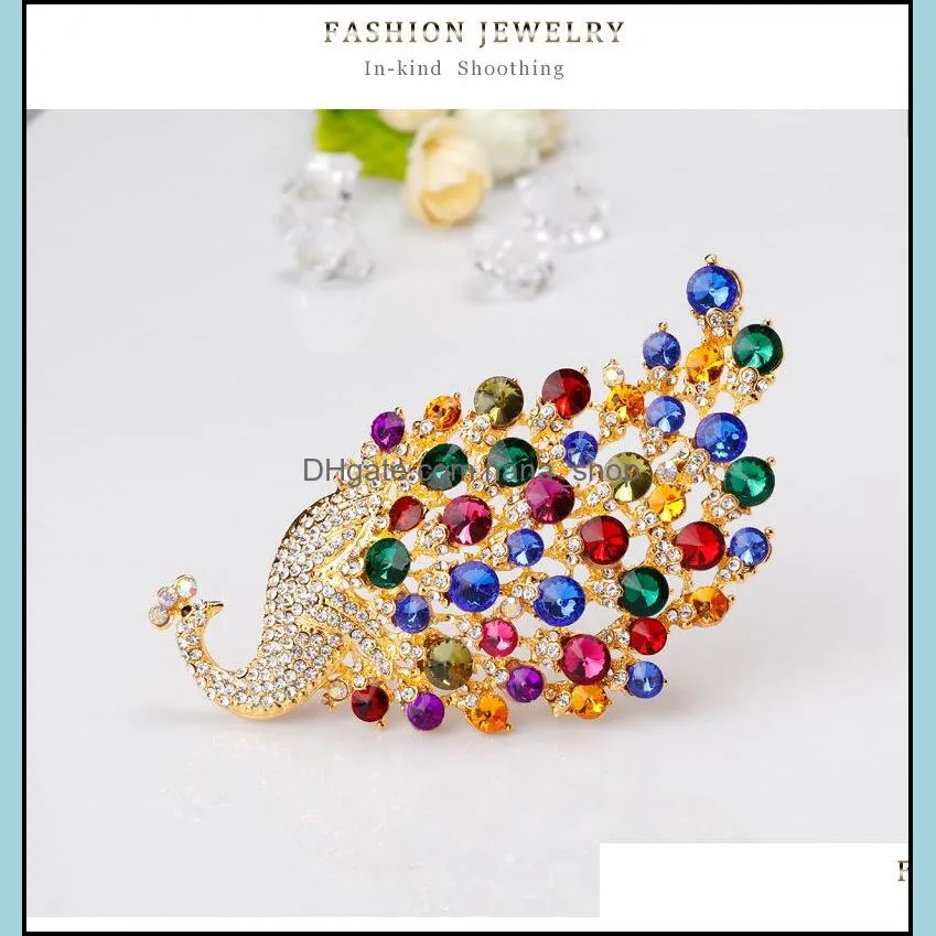 18K Gold Plated Big Peacock Brooch Vintage Emerald Green Crystal Rhinestone Pin Brooches Jewelry Animals For Wedding Gift