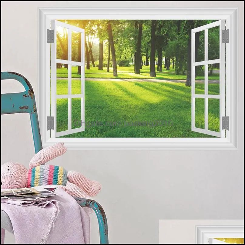 fake window view wall decal sunshine forest tree grassland wall stickers for living beautiful landscape wall decals home decor