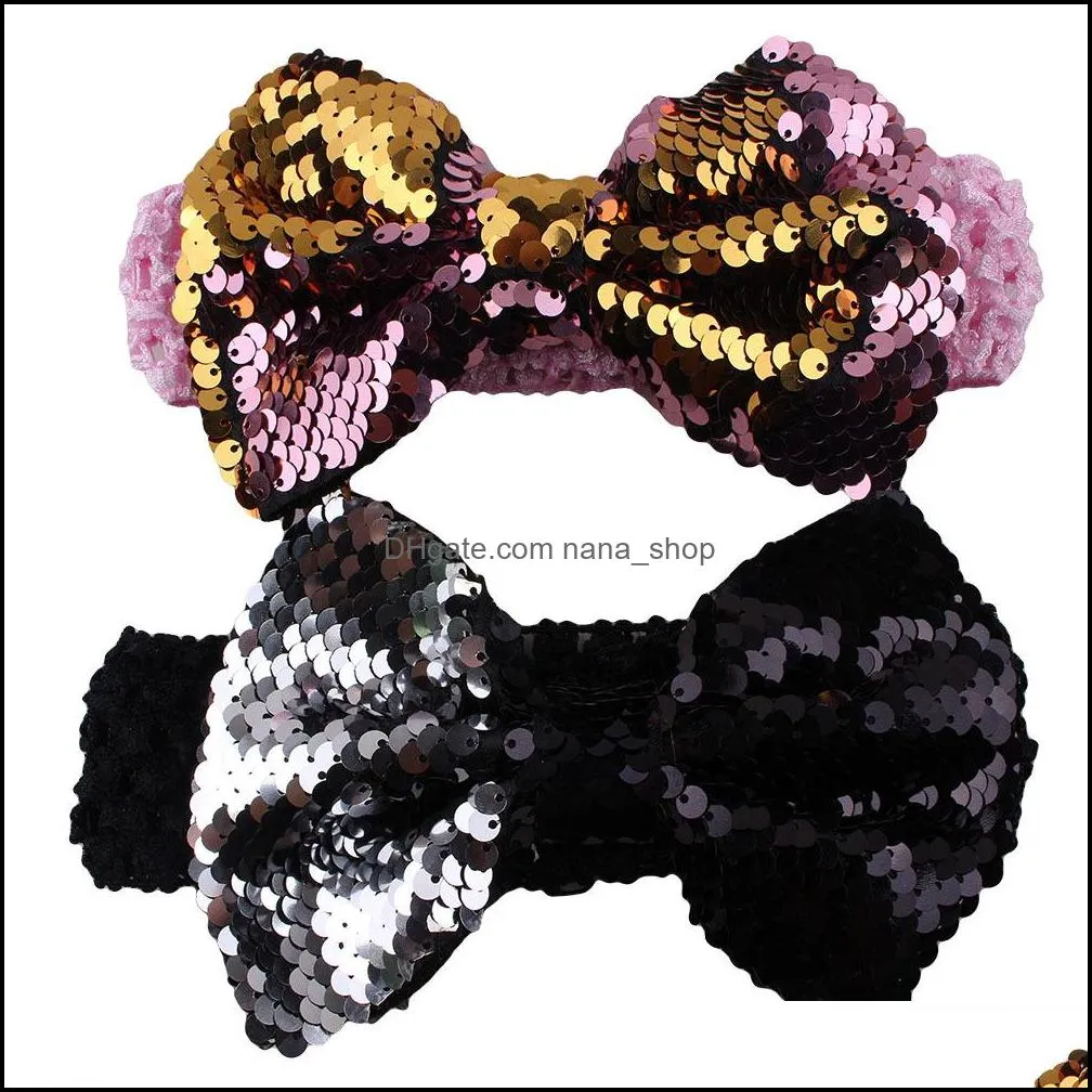 2020 Glitter Double-Side Sequin Bows Hair Bow Head Wrap Turban Knitted Headband For Kids Party Hair Accessories