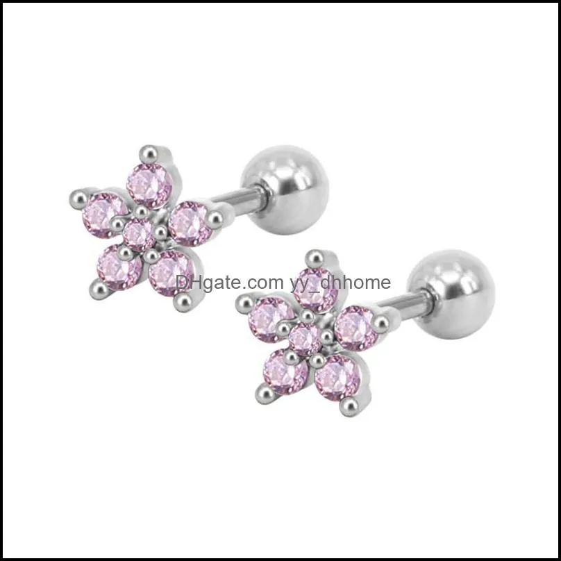 New Pink Blue Flower CZ Stud Earrings For Women Girls Cubic Zircon Silver Gold Color Lip Rings Nails Earring Wedding Bridal Design