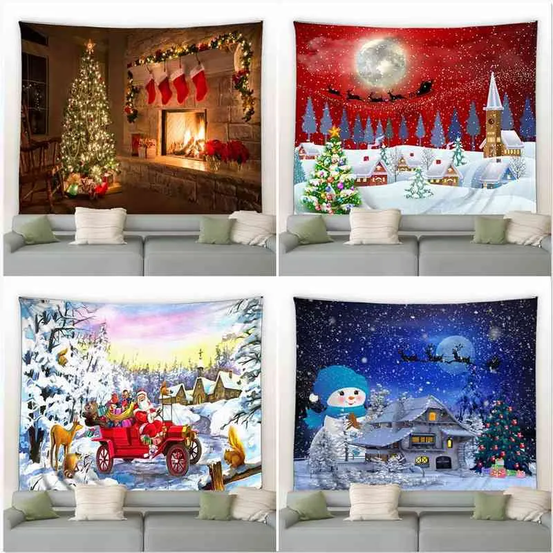 Christmas Wall Carpet Santa Snowman New Year Background Hanging Decoration Fireplace Stockings Gifts Xmas Decor Blanket J220804