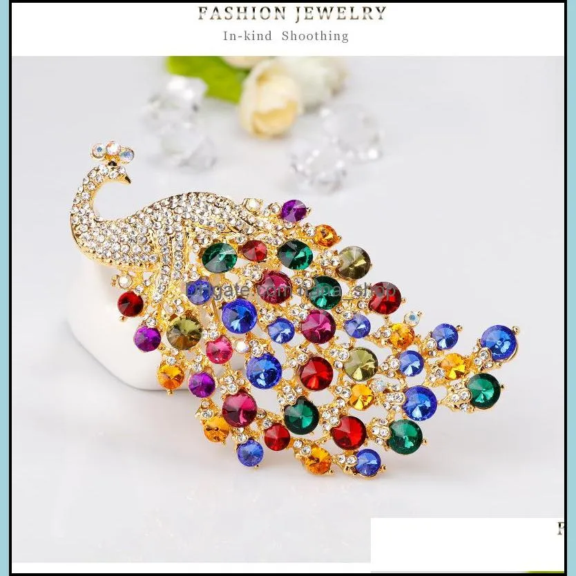 18K Gold Plated Big Peacock Brooch Vintage Emerald Green Crystal Rhinestone Pin Brooches Jewelry Animals For Wedding Gift