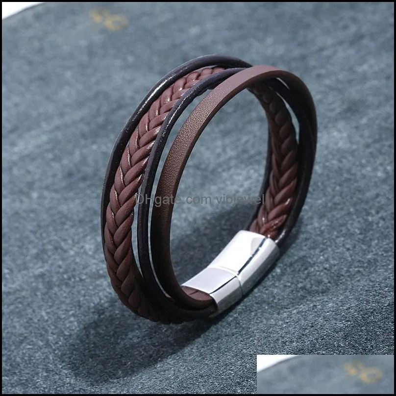 simple handmade briaded multilayer leather stainless steel charm bracelets rock bangles for men party club decor jewelry