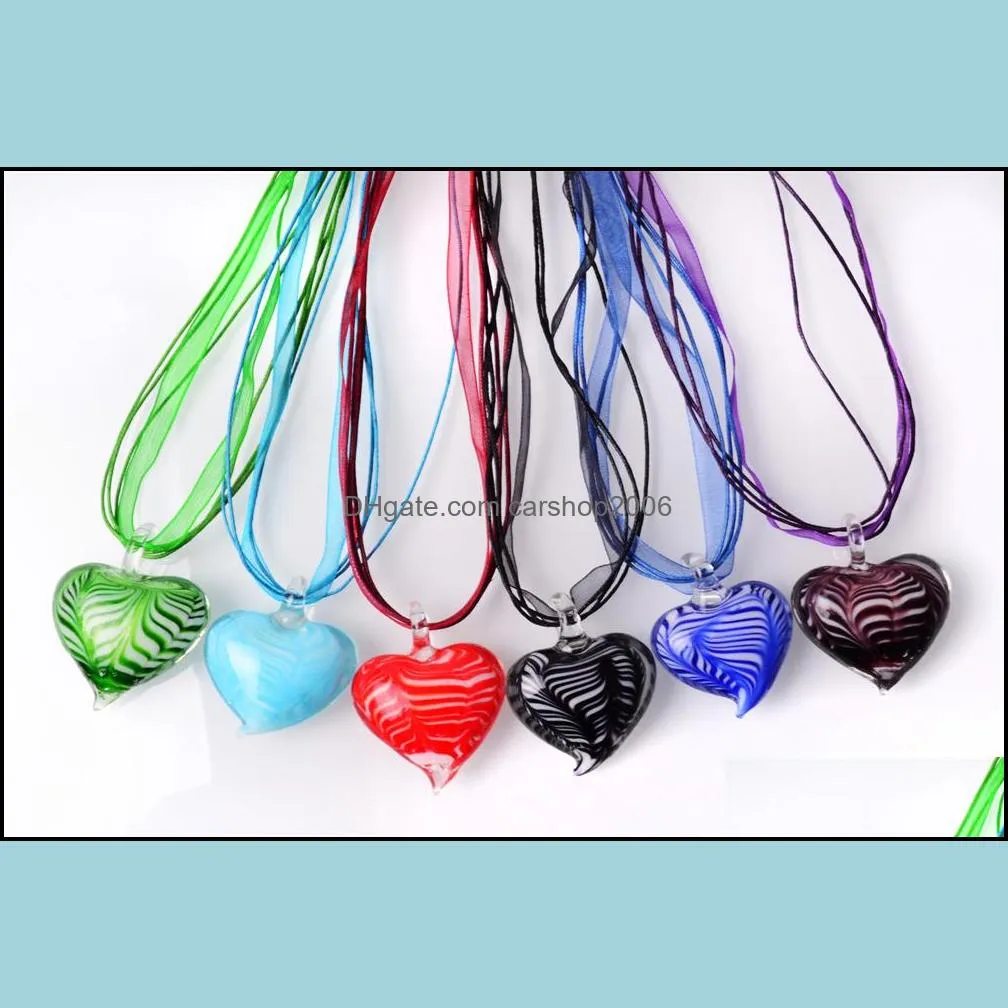 fashion women wholesale 6pcs necklace handmade murano lampwork glass mixed color heart pendants charms necklaces