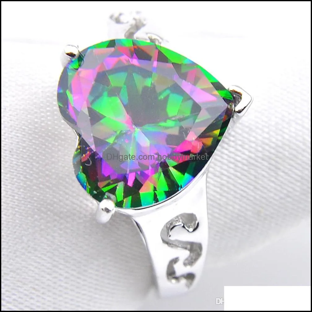 LuckyShine Valentine`s Day Gift Fire Rainbow Heart Mystic Topaz 925 Sterling Silver Rings Pendants Earrings Jewelry Set Women Free