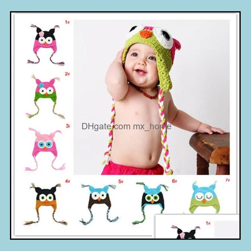 Toddler Owl Crochet Cap Knit Woolly Earflap Hat Baby Winter Warm Cartoon Childrens Handmade Knitted Hats Infant Beanie Drop Delivery 2021 Ca