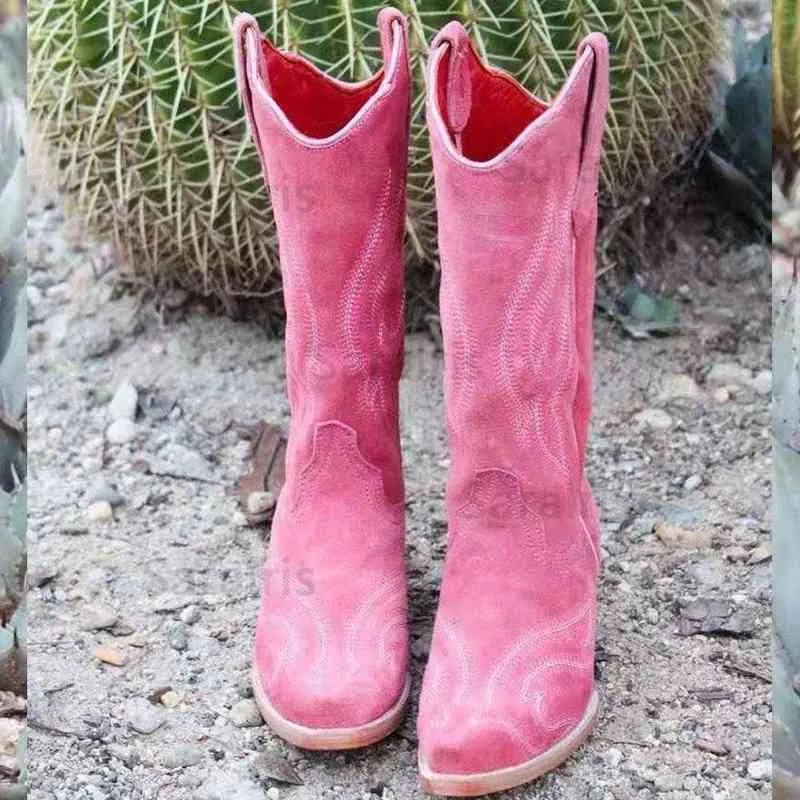 2022 nova moda primavera outono meados da panturrilha botas ocidentais bordadas bico fino conforto salto baixo tamanho grande 43 mulheres botas de cowboy Y220707