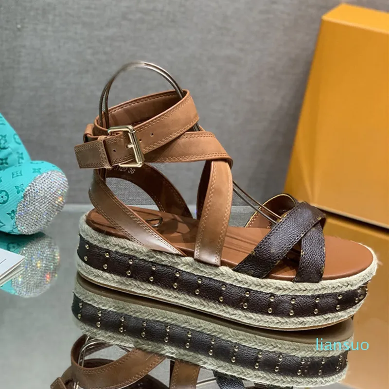 Summer Fashion Hemp Rope Wedge Series Cross Strap Sandals Old Flower Leather Sandal Size 34-42