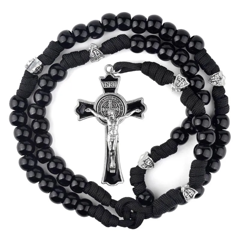 Chains Black Paracord Men Rosaries 12mm Acrylic Beads Cross Necklace For Soldier Catholic Rugged RosaryChains