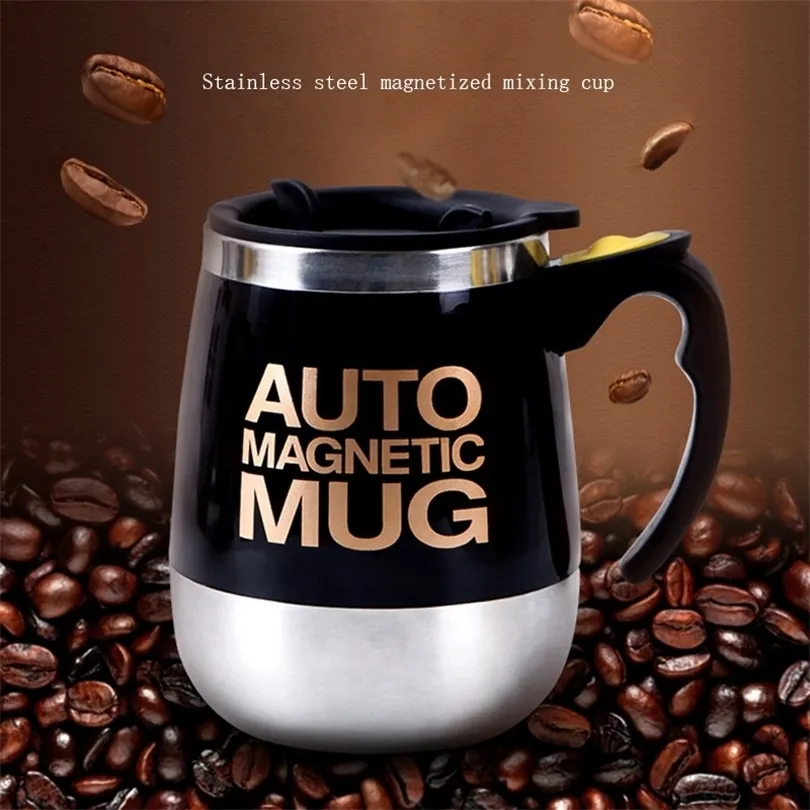 Auto Sterring Coffee Mug Rostless Steel Magnetic Mug Milm Blandning Muggar Electric Lazy Smart Shaker Coffee Cup 2st Gift 1 Spoon 210409
