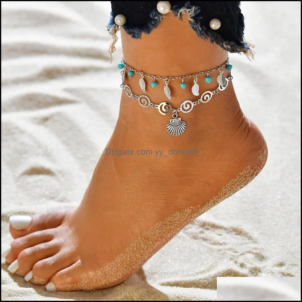 Vintage Silver Color Surf Anklets For Women Bohemian Beads Leaves Anklet Fashion Summer Jewelry