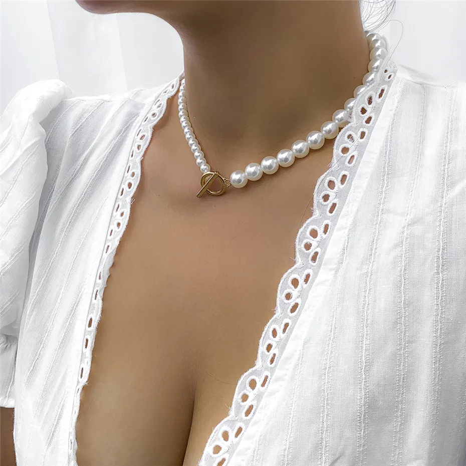 Goth Elegant Imitation Pearl Bead Chains Necklaces for Women 2022 Wedding Bridal Punk OT Buckle Lariat Pendant Choker Jewelry