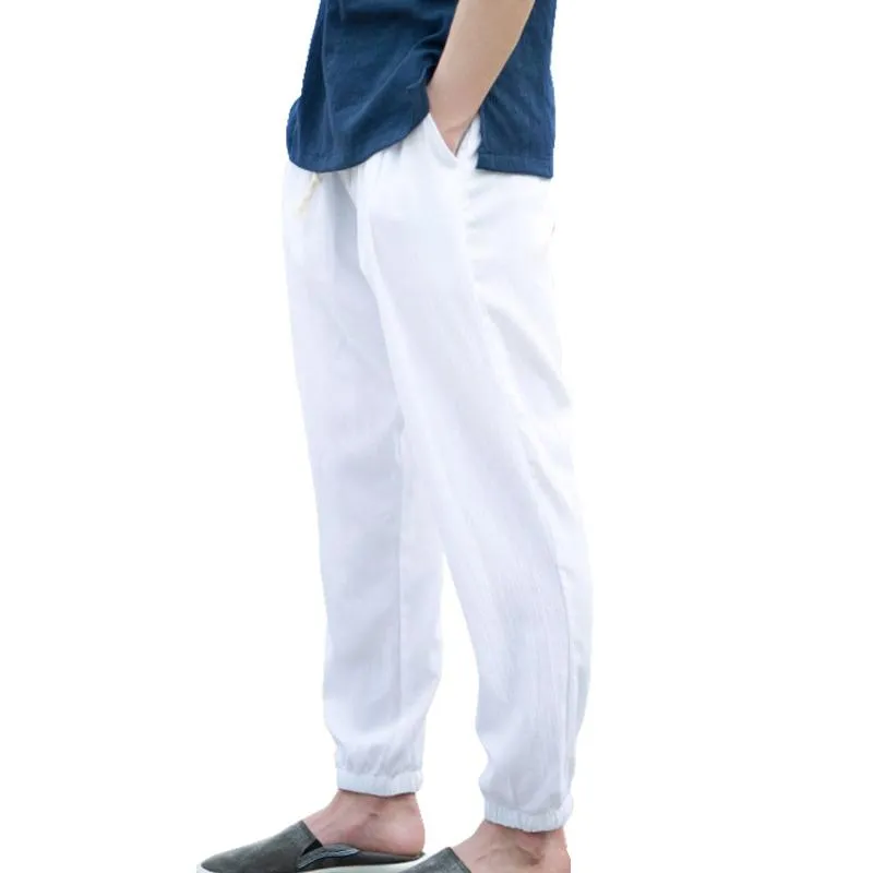 Herrbyxor jogging män sommar casual harem naturliga bomull linne byxor vit elastisk midja japanska mode kläder