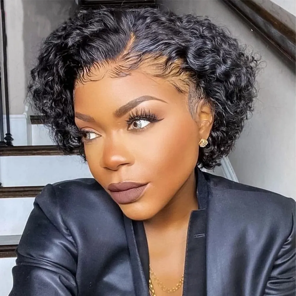 Perruques courtes bouclées Bob Pixie Cut Lace Front Remy péruvienne cheveux humains pour femmes Kinky Curl 13x4 hd partie latérale transparente 150% densité