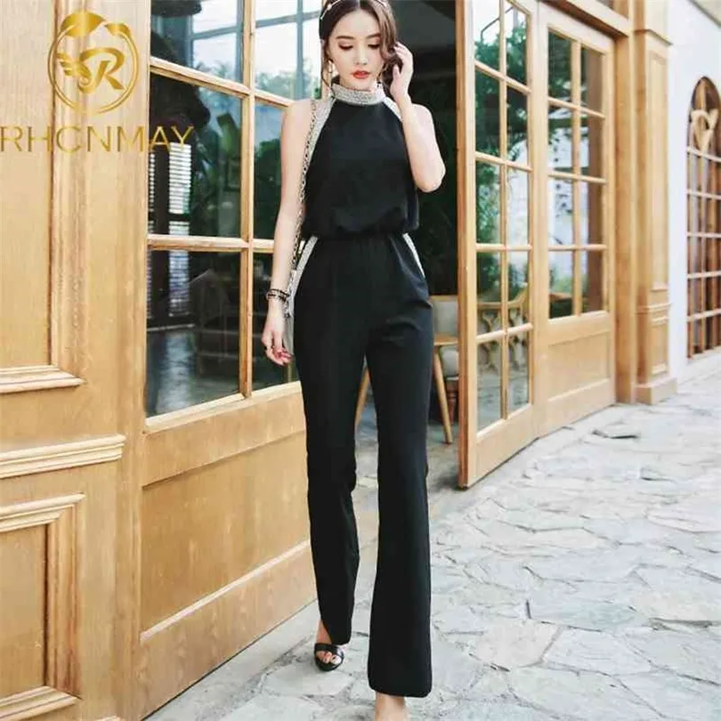 New Women Elegant Black Jumpsuit Summer Beading Sexy Off shoulder High Waist Luxury Office Lady Halter Jumpsuits 210326