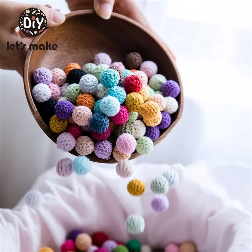 Let's Make 100Pcs Crochet Beaded Wood Teether 16mm Round Baby Wooden Teether Crochet Toys Braided Teething Beads Baby Oral Care 220507