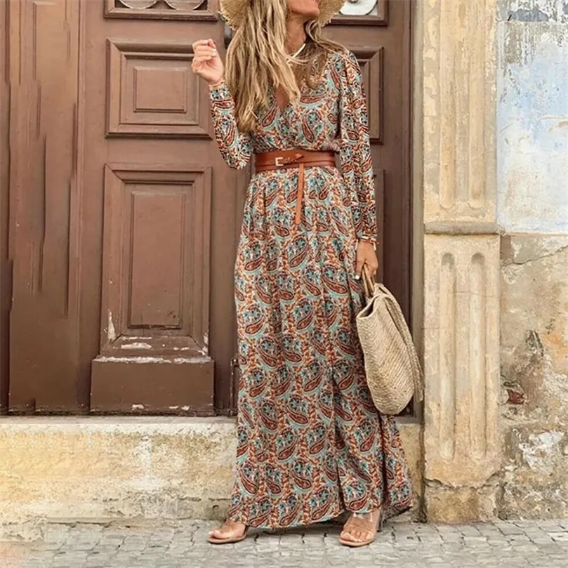 Kvinnor Autumn Boho Floral Print Maxi Shirt Dress Sexig EleAgnt Långärmning V Neck Belt Split Beach Long Dress Robe For Holiday Red LJ201204