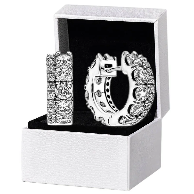 Women Mens Double Band Pave Hoop Earrings Original Gift Box for Authentic Sterling Sier Party Circle Stud Earring