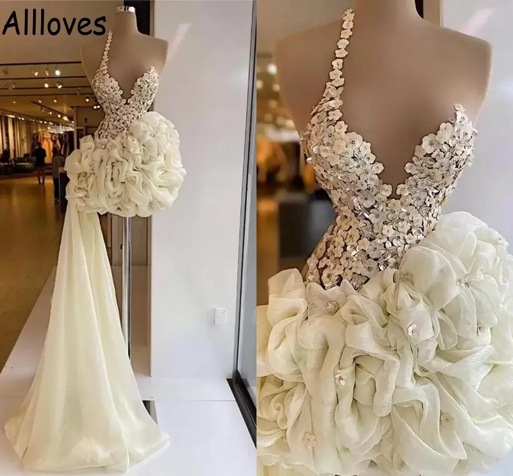 Designer 3D Handmade Flowers Cocktail Mini Dress One Shoulder Little Ivory Sequins Beaded Ball Gown For Women With Tulle Skirt Formal Party Wear Prom Dress CL0639