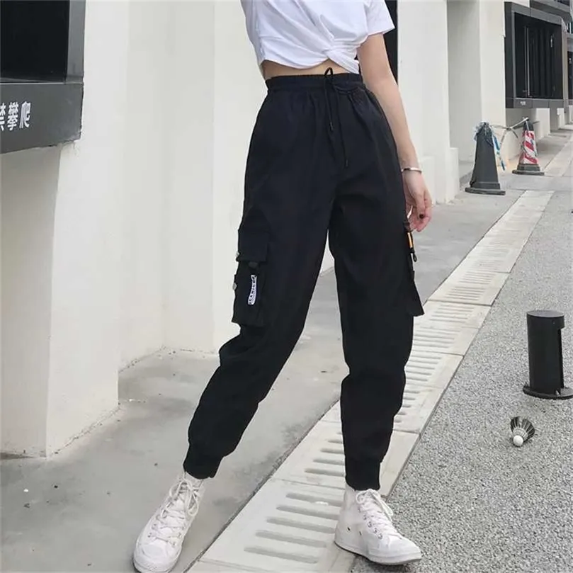 Grandi tasche Pantaloni cargo da donna Vita alta Pantaloni larghi streetwear Pantaloni larghi tattici Pantaloni da jogging hip hop di alta qualità 211013