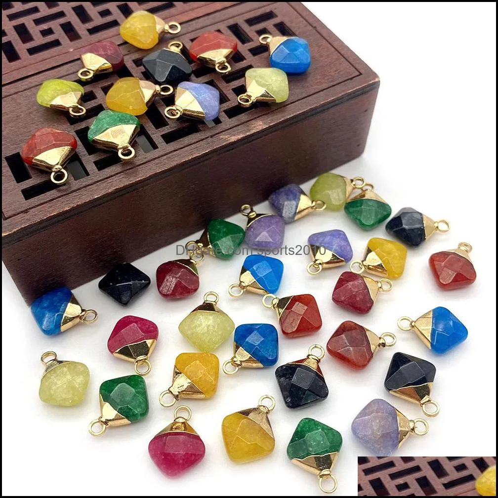 12x15mm natural crystal stone charms decorate little rhombus green yellow jade pendants gold edge trendy sports2010