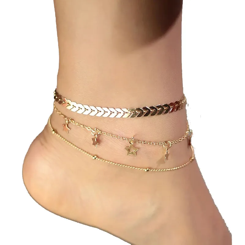 Bohemia Fish Bone Chain Stars Tornozeletes para Acessórios para Mulheres Pedras 2022 Summer Beach Sandálias Barefoot Tornozelo de pulseira na perna fêmea