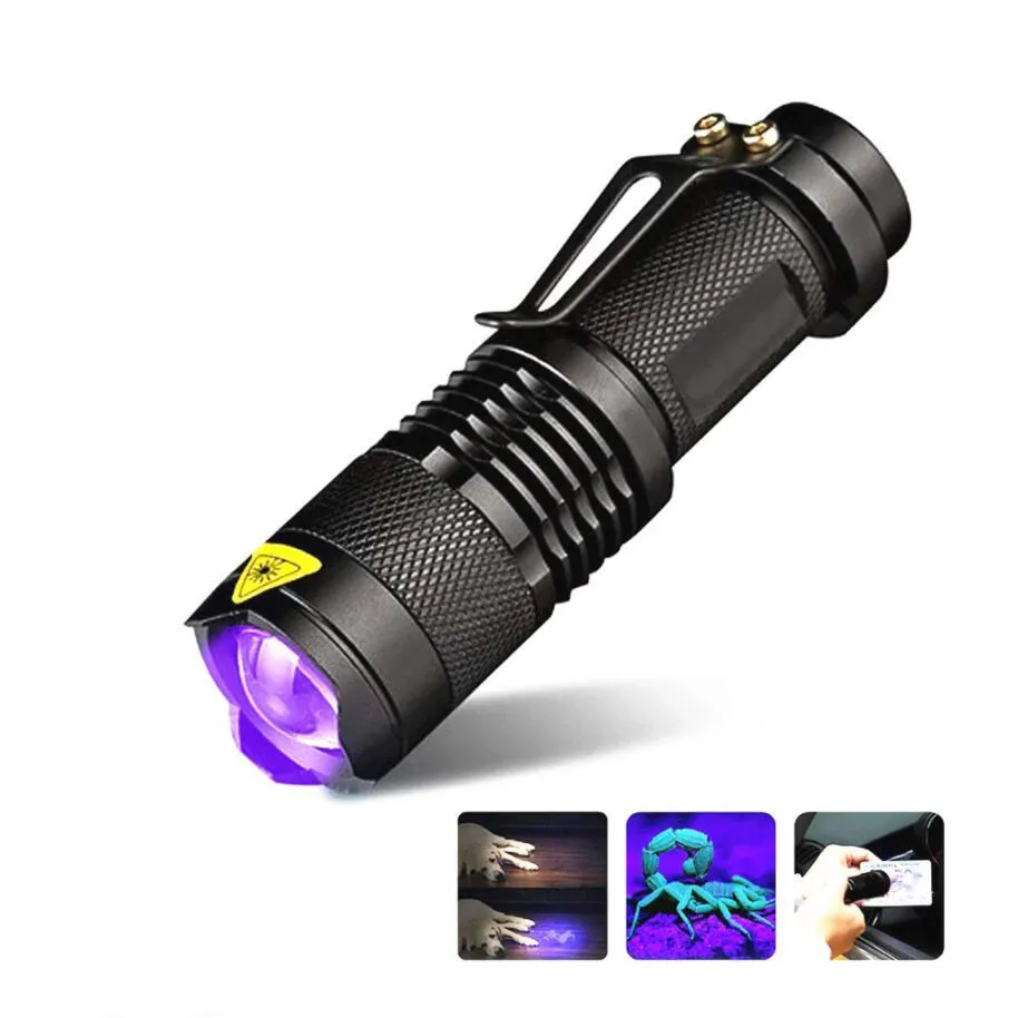 LED UV Latarka Ultraviolet Mini LED Torcha 395NM Blacklight FaLa długość Fioletowa światło Zoomot PET Scorpion Kobiecowy detektor higieny