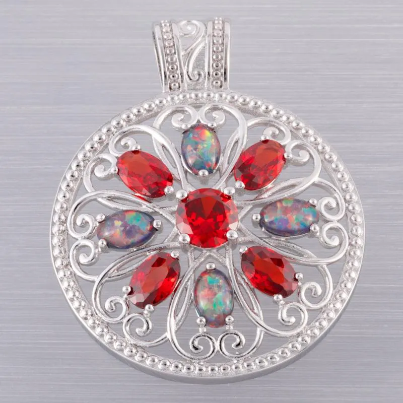Hänghalsband ihåliga stora runda röda Cz svart körsbär eld opal silver pläterade smycken för kvinnor halsbekspendant halsbalanspendant