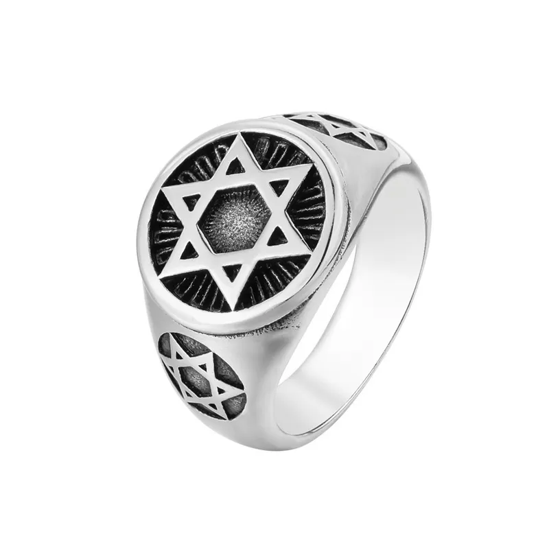 Bra kvalitet Rostfritt stål Ring Silver Black Mason Masonic Jewish Jewel Men's Hexagram Star av David Religion Retro Punkringar