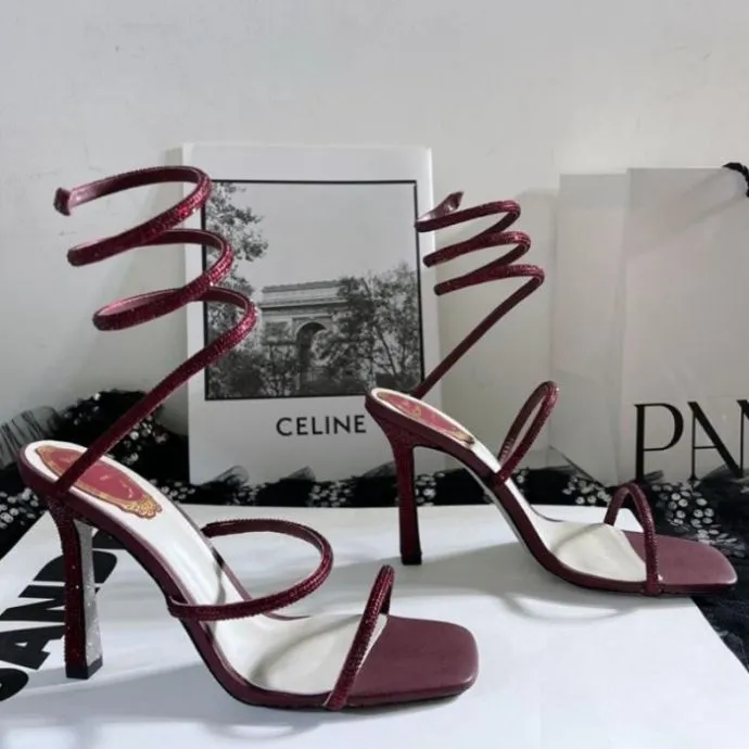 Rene Caovilla 10cm Stiletto High Heel Sandals Crystal Karung Wine Red Snakelike Twining Rhinestone Sandals 여성 여름 최고 품질 두꺼운 발 뒤꿈치 신발 신발 43