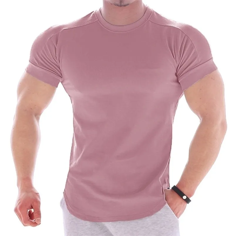 캐주얼 한 짧은 슬리브 T 셔츠 남자 체육관 피트니스 스포츠 면화 코튼 티셔츠 남성 보디 빌딩 스키니 티 셔츠 여름 탑의 옷 220521
