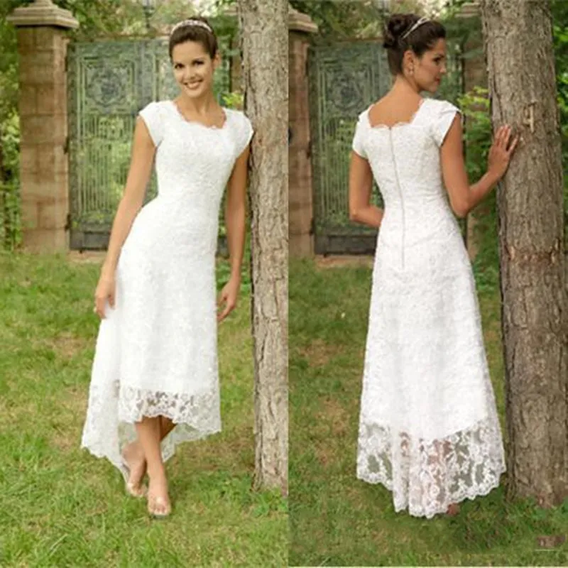 Beach Lace Wedding Dresses High Low Short Sleeves Square Tea Length Short Bridal Gowns A Line Country Wedding Dresses