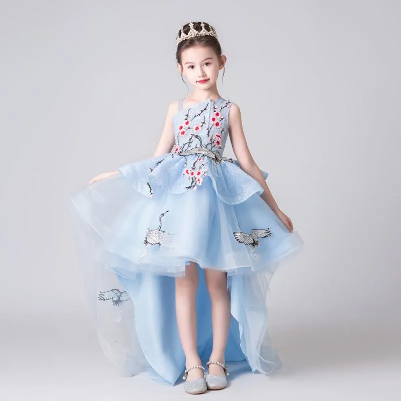 Girl's Dresses Luxury Embroidery Flower Girl Dress For Wedding Hi-low Long Tail Blue Junior Girls Formal Princess Pageant GownsGirl's