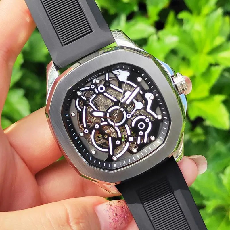 Armbandsur skelett klockor rostfritt stål vattentät automatisk mekanisk handleds klocka Fashion Business Punk Watchwristwatches