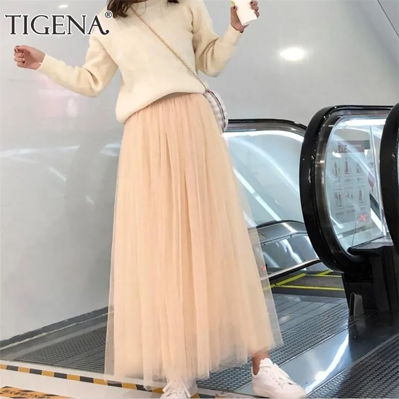 Tigena 98cm Longo Maxi Tutu Tulle Saia para Mulheres Moda Coreana Casual Cintura Alta Plissada Mesh Feminino All Seasons 220317