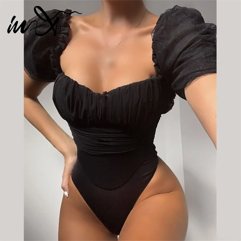 In X Sexy costume da bagno manica a sbuffo 1pc Mesh costumi da bagno donna Monokini Vintage costume da bagno nero Body costume da bagno femminile nuovo T200708