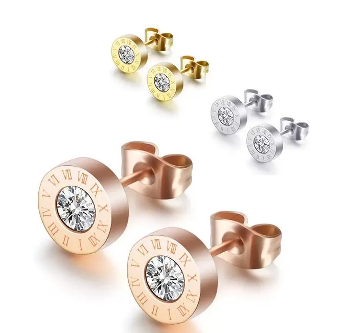 Men Women Titanium Steel Studs Earrings Round Roman Numerals Cubic Zirconia Simple Statement Earring Luxury Jewelry Never Fade Not Allergic
