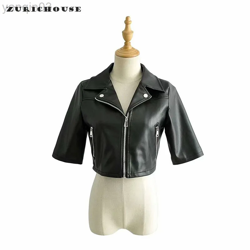 ZURICHOUSE Giacca da motociclista in pelle da donna Punk Short PU Coat Moda a vita alta Mezza manica Giacca da motociclista in ecopelle Donna L220801