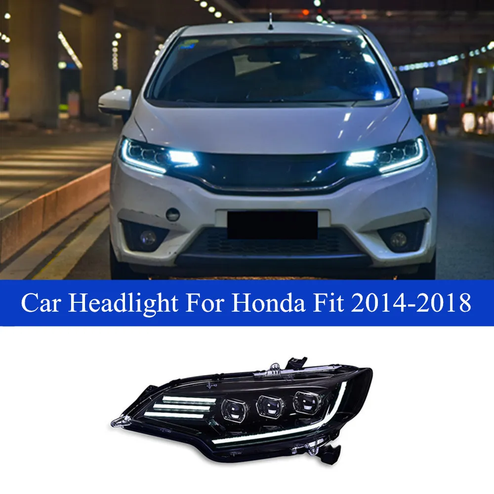 Car LED Day Running Light For Honda Jazz Fit Headlight Assembly 2014-2018 Dynamic Turn Signal High Beam Projector Lens Auto Accessories Lamp