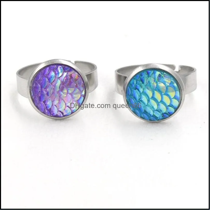 fashion resin fish scale druzy drusy ring stainless steel 12mm mermaid scale open ring for women jewelry
